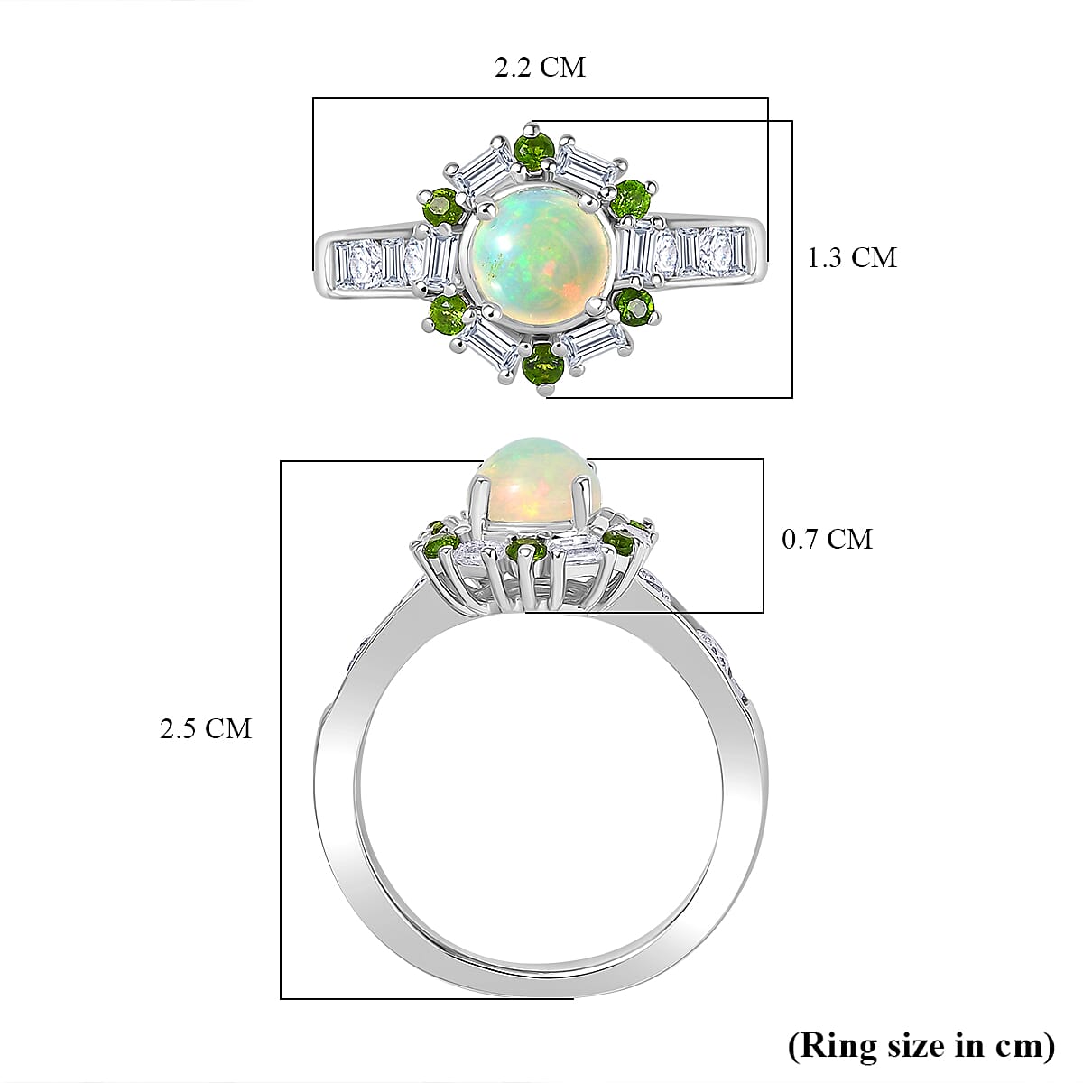 Ethiopian Opal, Natural Chrome Diopside, Moissanite Main Stone With Side Stone Ring in Rhodium OverlaySterling Silver  1.411  Ct.