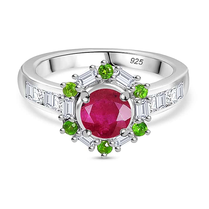 African Ruby, Natural Chrome Diopside, Moissanite Main Stone With Side Stone Ring in Rhodium OverlaySterling Silver 1.998 Ct.