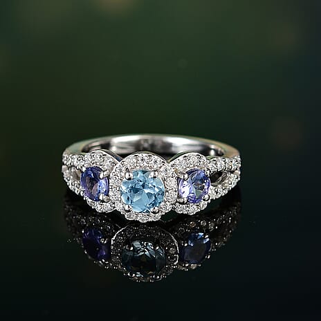 Aquamarine, Moissanite & Tanzanite Ring in Rhodium Overlay Sterling Silver 1.57 Ct.