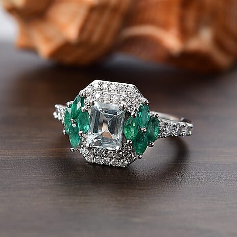 Aquamarine, Emerald & Moissanite Solitaire Ring in Rhodium Overlay Sterling Silver 1.93 Ct.