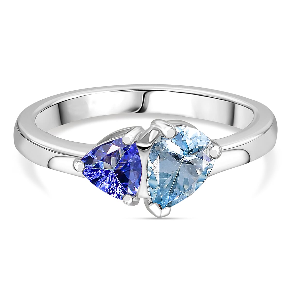 THE TOI ET MOI - Aquamarine and Tanzanite Solitaire Ring in Rhodium Overlay Sterling Silver 1.09 Ct.
