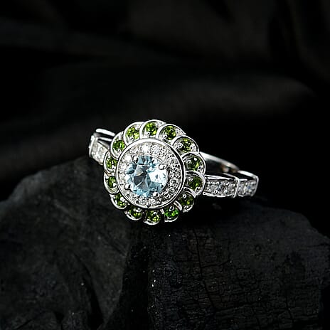 Aquamarine, Natural Chrome Diopside & Moissanite Ring in Rhodium Overlay Sterling Silver 1.02 Ct.