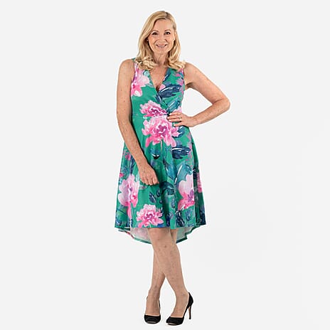 Floral Scatter Print V-Neck Sleeveless Dress (Size - 18) - Green