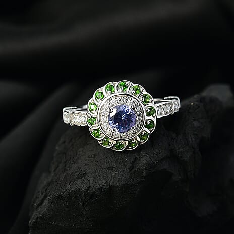 Tanzanite, Natural Chrome Diopside & Moissanite Ring in Rhodium Overlay Sterling Silver 1.02 Ct.