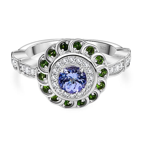 Tanzanite, Natural Chrome Diopside & Moissanite Ring in Rhodium Overlay Sterling Silver 1.02 Ct.