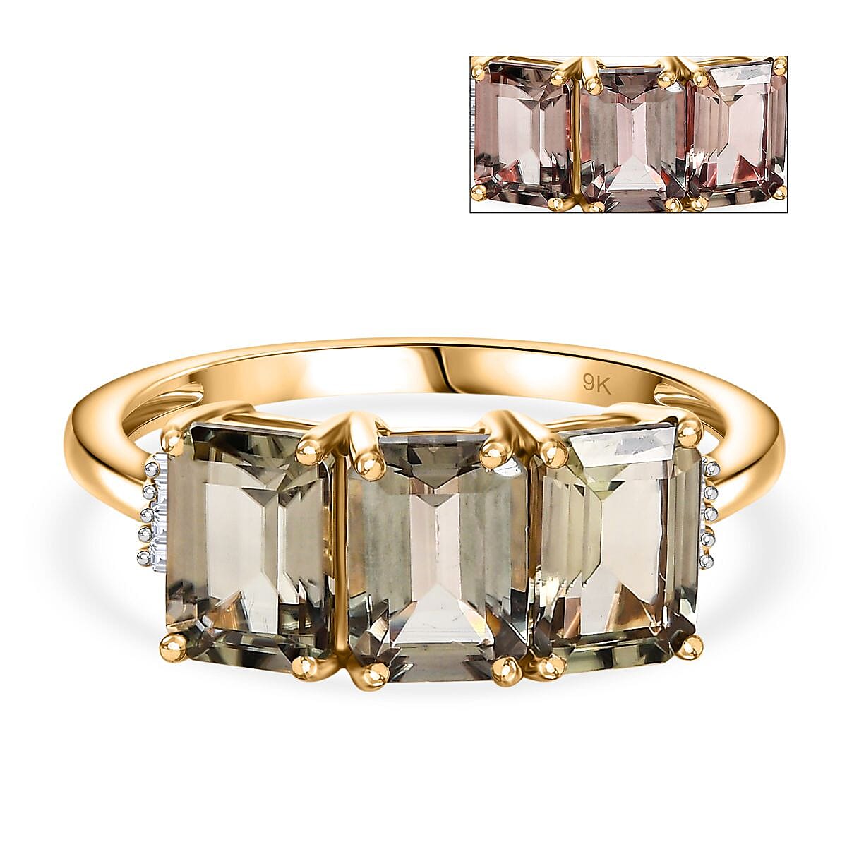 Mega Day Monster Deal - 9K Yellow Gold AAA Turkizite (Octagon Cut) & Natural White Diamond Trilogy Ring 3.71 Ct.
