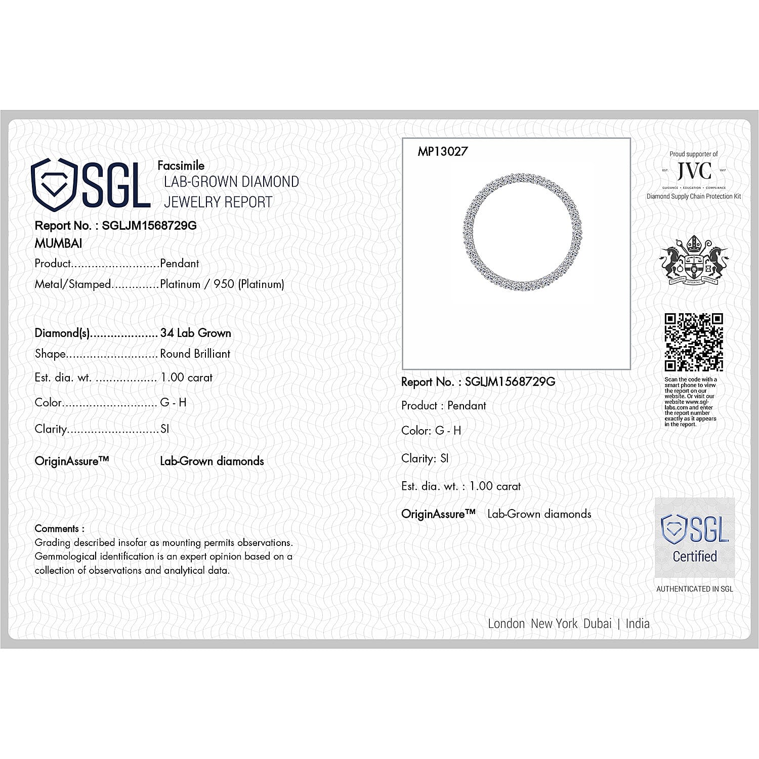 First Time Ever - Luxuriant 950 Platinum SGL Certified Lab Grown Diamond (SI-GH) Circle Of Life Pendant 1.00 Ct.