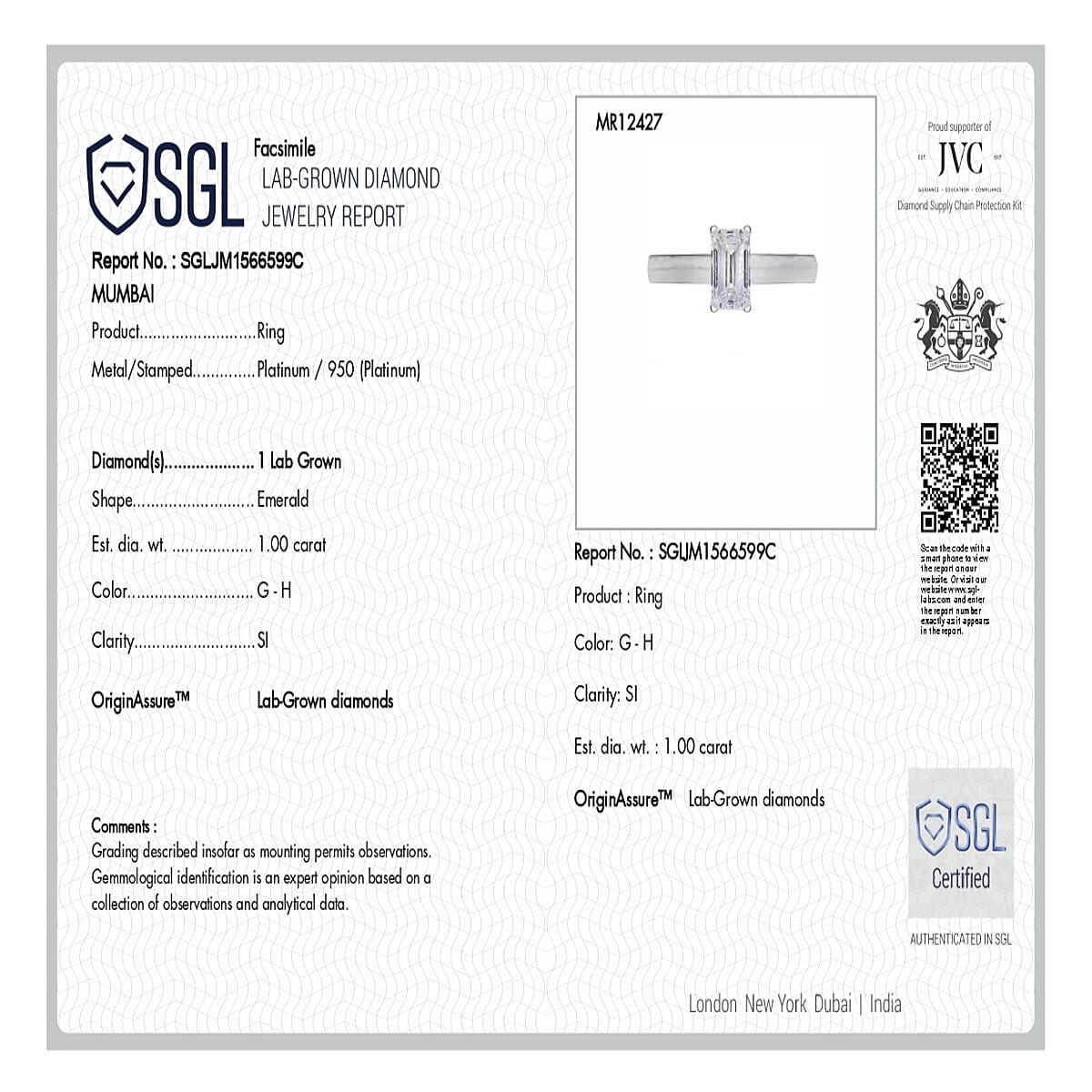 Luxuriant Diamond 950 Platinum SGL Certified Lab Grown Diamond (SI-GH) Emerald Cut Ring, Platinum Wt. 4.00 Gms  1.000  Ct.