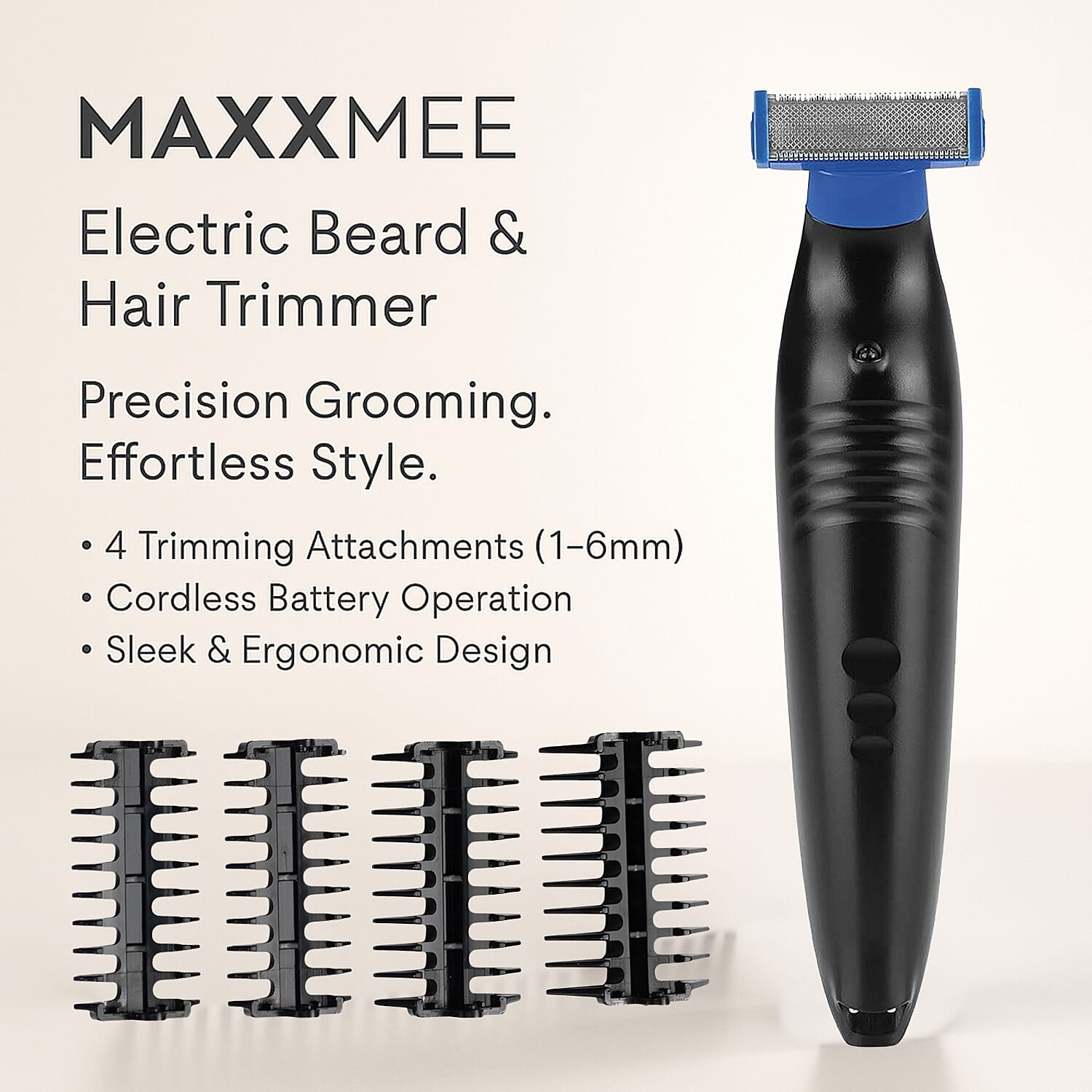 MAXXMEE Electric Beard and Hair Trimmer for Styling with 4 Trim Attachments - Black