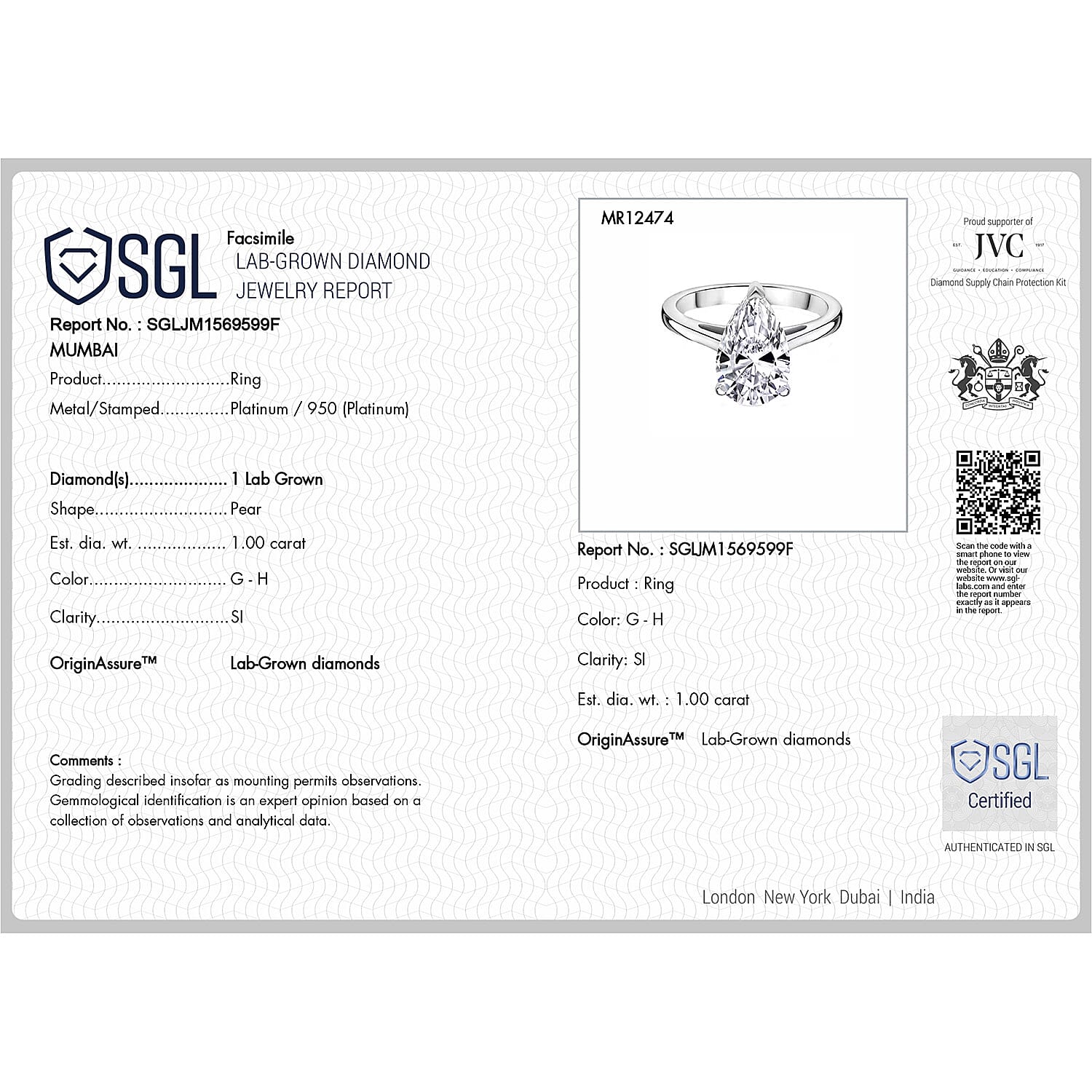 Luxuriant 950 Platinum SGL Certified Lab Grown Diamond (SI-GH) Pear Cut Ring 1.00 Ct.