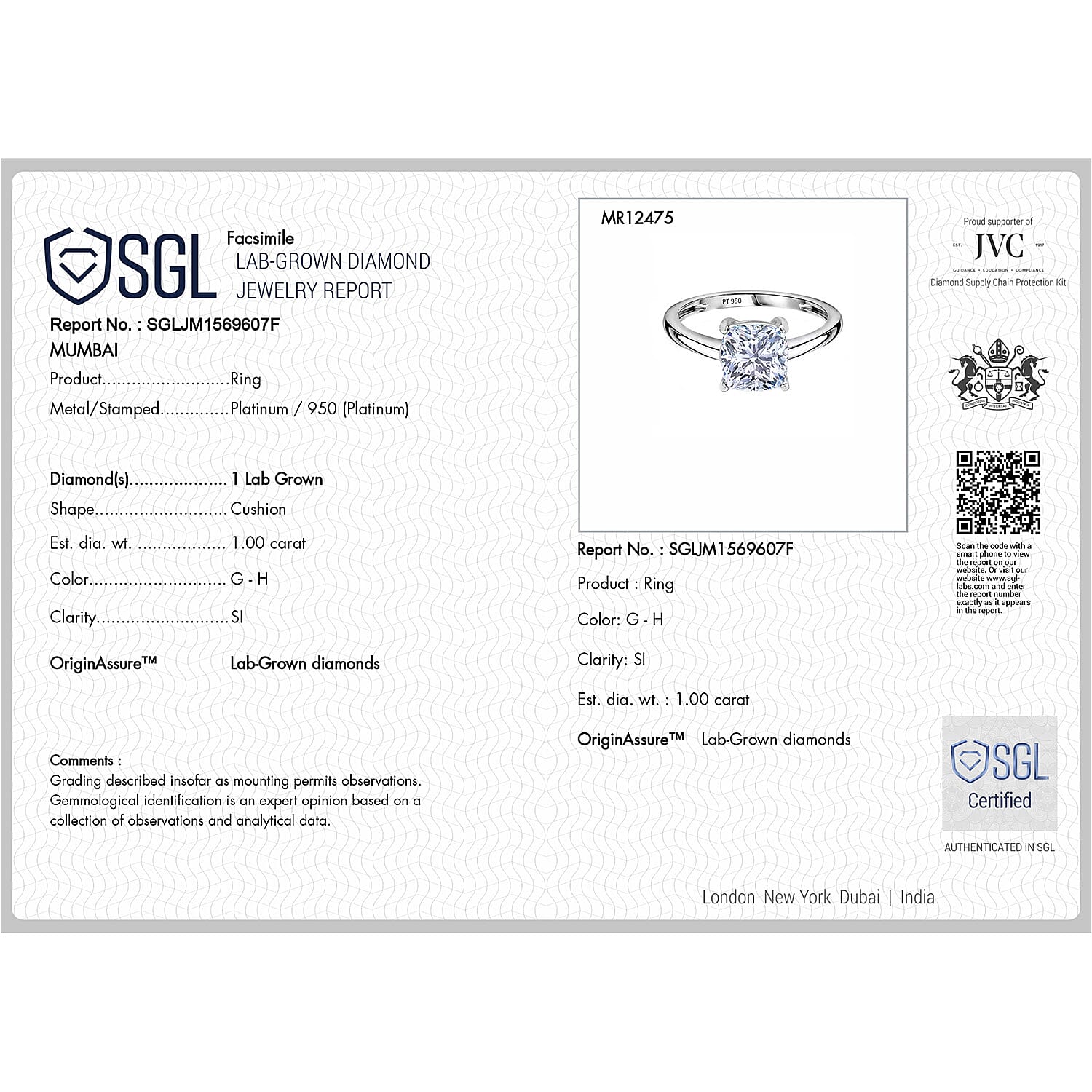 Luxuriant Diamond 950 Platinum SGL Certified Lab Grown Diamond (SI-GH) Cushion Cut Ring 1.05 Ct.