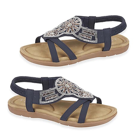 Jo - Joe Ladies Halcyon Diamante Trims Sandal with Elastic Back Strap (Size 7) - Navy