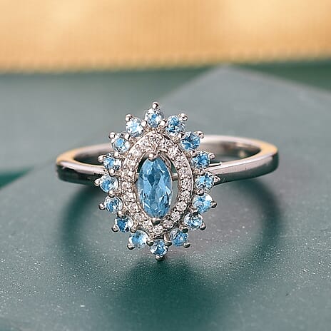 Santamaria Aquamarine & White Zircon Ring in Rhodium Overlay Sterling Silver.