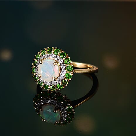 Ethiopian Faceted Opal, Natural Chrome Diopside & White Zircon Ring in 18K Vermeil Yellow Gold Plated Sterling Silver 1.85 Ct.