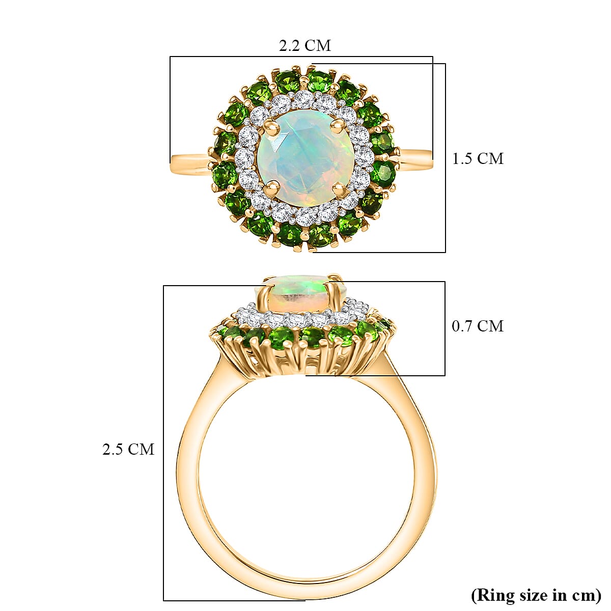 Ethiopian Faceted Opal, Natural Chrome Diopside & White Zircon Ring in 18K Vermeil Yellow Gold Plated Sterling Silver 1.85 Ct. Ethiopian Faceted Opal, Natural Chrome Diopside & White Zircon Ring in 18K Vermeil Yellow Gold Plated Sterling Silver 1.85 Ct.