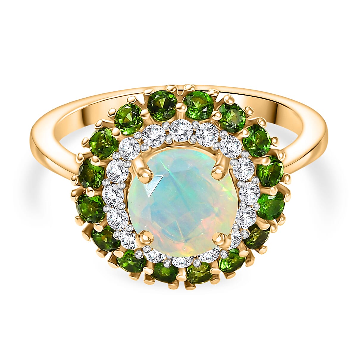 Ethiopian Faceted Opal, Natural Chrome Diopside & White Zircon Ring in 18K Vermeil Yellow Gold Plated Sterling Silver 1.85 Ct. Ethiopian Faceted Opal, Natural Chrome Diopside & White Zircon Ring in 18K Vermeil Yellow Gold Plated Sterling Silver 1.85 Ct.