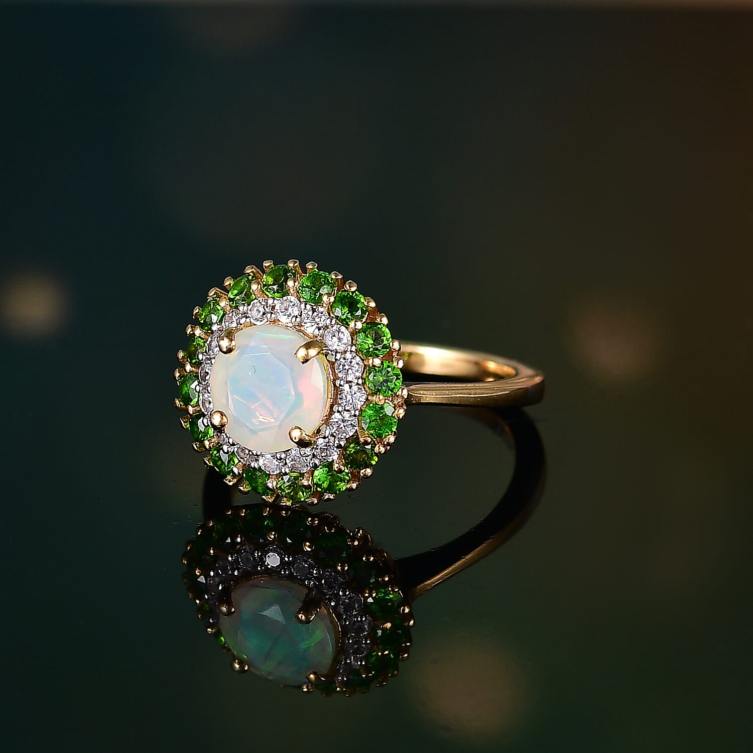 Ethiopian Faceted Opal, Natural Chrome Diopside & White Zircon Ring in 18K Vermeil Yellow Gold Plated Sterling Silver 1.85 Ct. Ethiopian Faceted Opal, Natural Chrome Diopside & White Zircon Ring in 18K Vermeil Yellow Gold Plated Sterling Silver 1.85 Ct.
