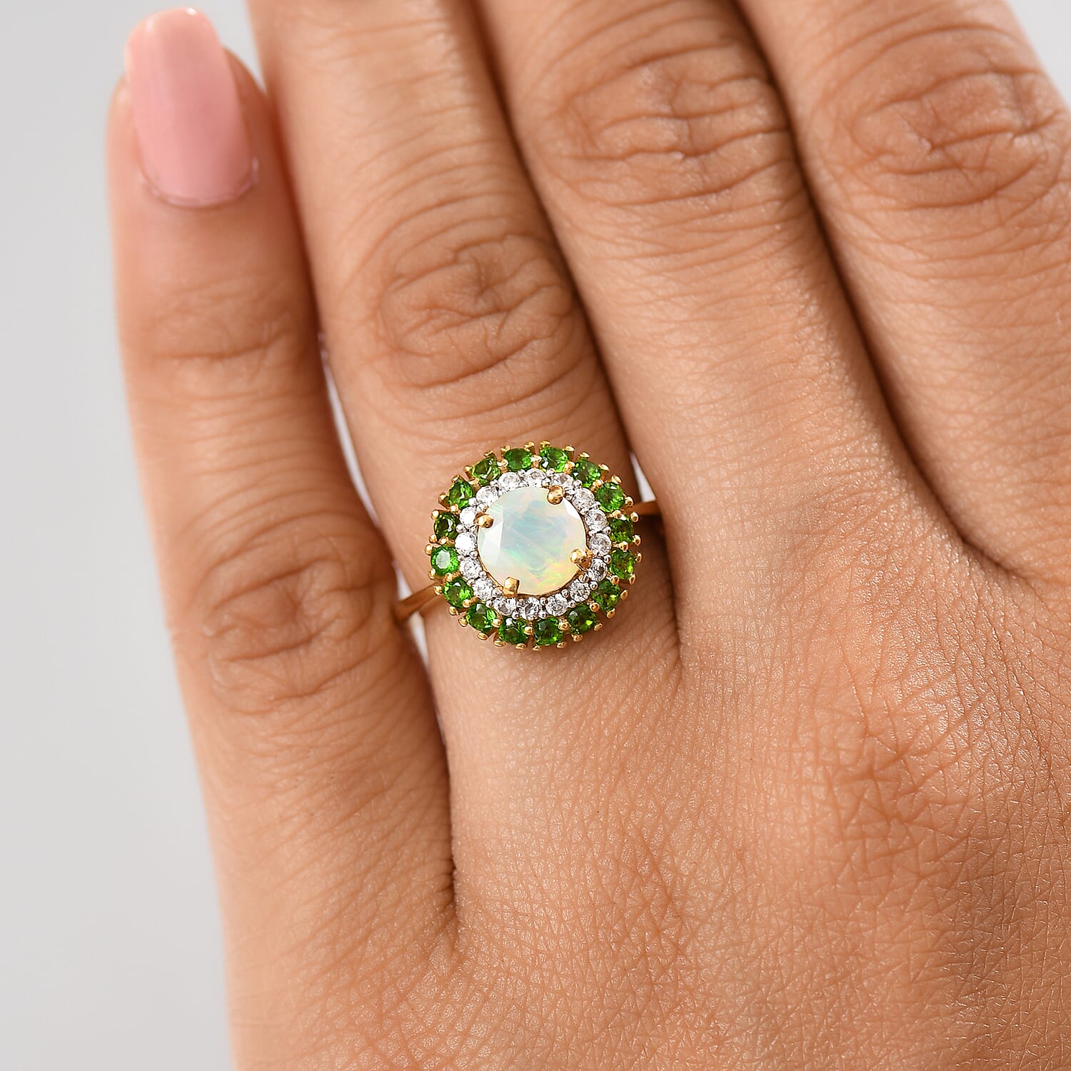 Ethiopian Faceted Opal, Natural Chrome Diopside & White Zircon Ring in 18K Vermeil Yellow Gold Plated Sterling Silver 1.85 Ct. Ethiopian Faceted Opal, Natural Chrome Diopside & White Zircon Ring in 18K Vermeil Yellow Gold Plated Sterling Silver 1.85 Ct.