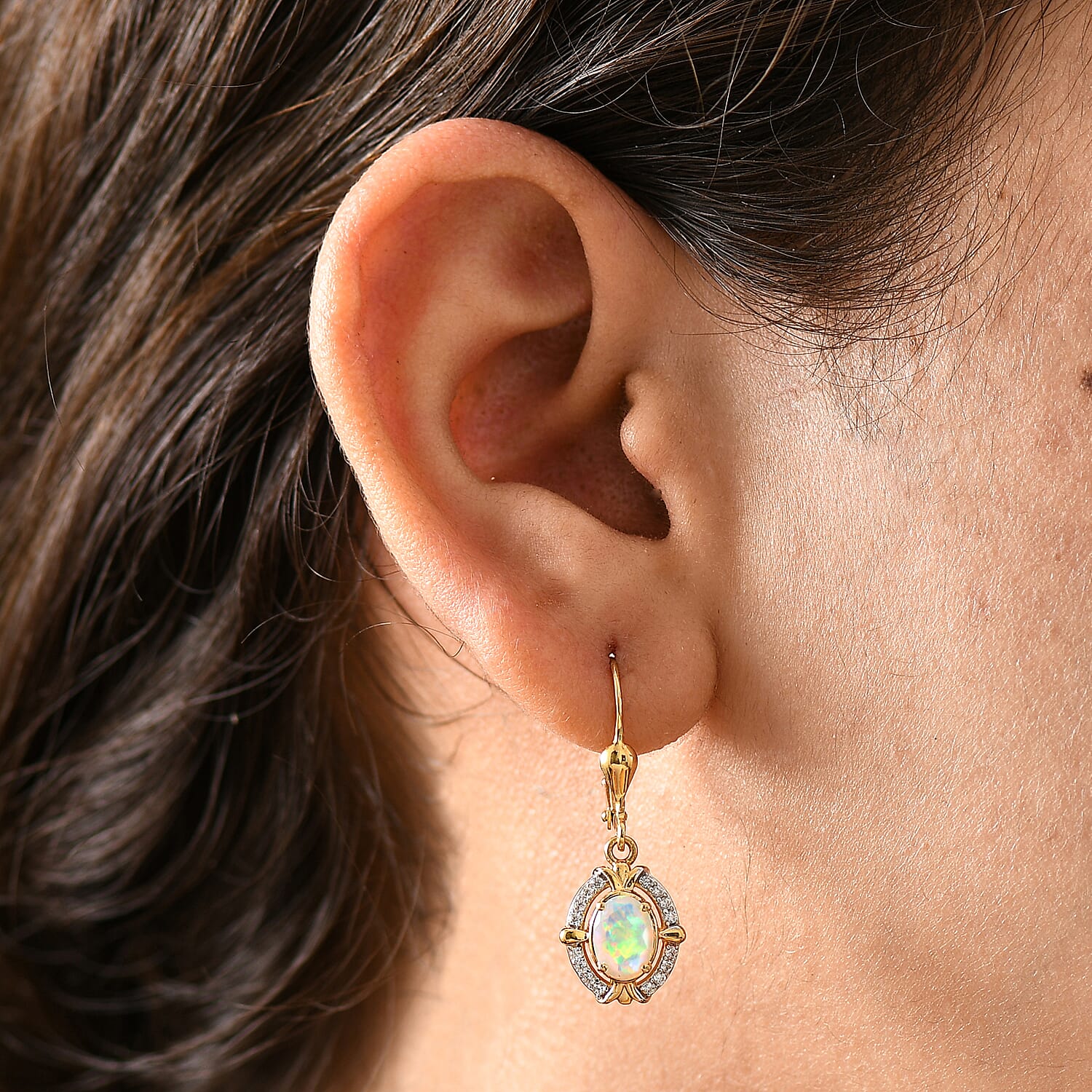 Ethiopian Faceted Opal & White Zircon Solitaire Stud Earring with Lever Back in 18K Vermeil Yellow Gold Plated Sterling Silver 1.41 Ct.