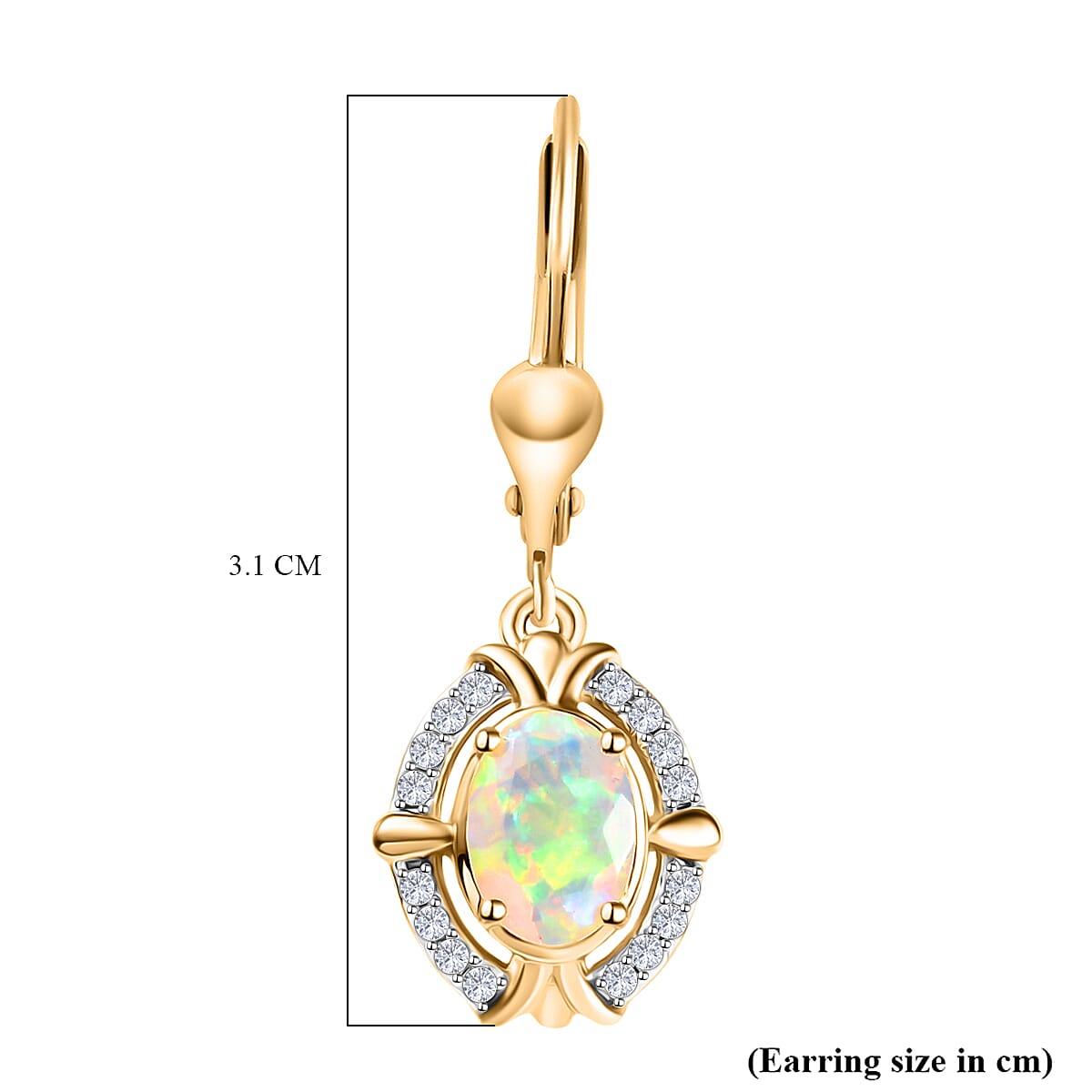 Ethiopian Faceted Opal & White Zircon Solitaire Stud Earring with Lever Back in 18K Vermeil Yellow Gold Plated Sterling Silver 1.41 Ct.