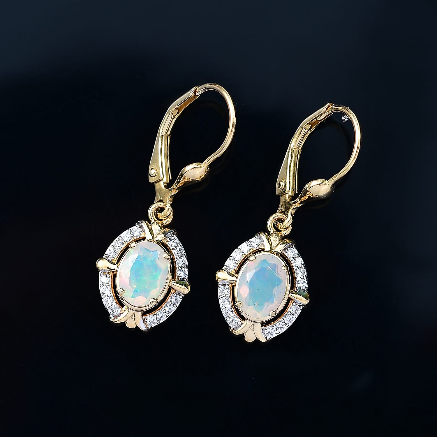 Ethiopian Faceted Opal & White Zircon Solitaire Stud Earring with Lever Back in 18K Vermeil Yellow Gold Plated Sterling Silver 1.41 Ct.