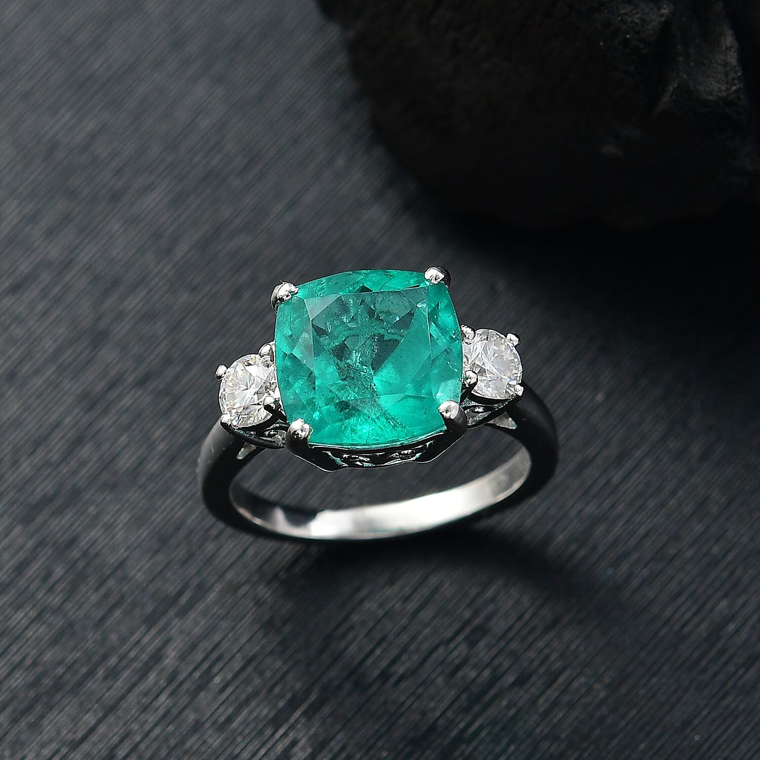 Emeraldine Triplet Quartz & Moissanite Solitaire Ring in Rhodium Overlay Sterling Silver 5.07 Ct.