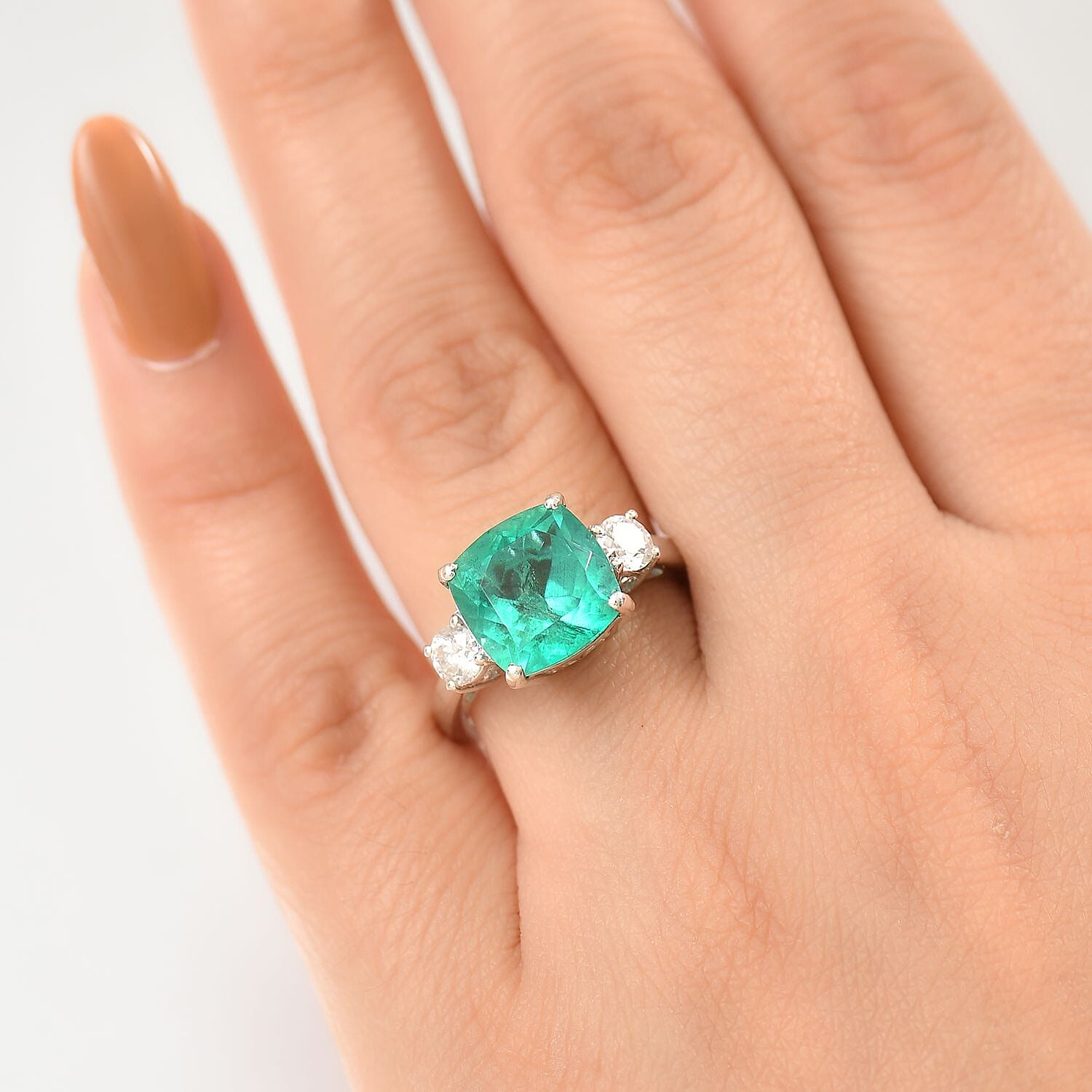 Emeraldine Triplet Quartz & Moissanite Solitaire Ring in Rhodium Overlay Sterling Silver 5.07 Ct.