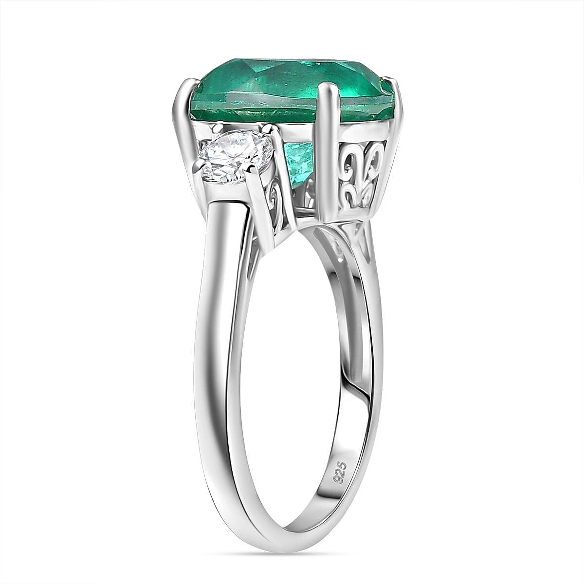 Emeraldine Triplet Quartz & Moissanite Solitaire Ring in Rhodium Overlay Sterling Silver 5.07 Ct.