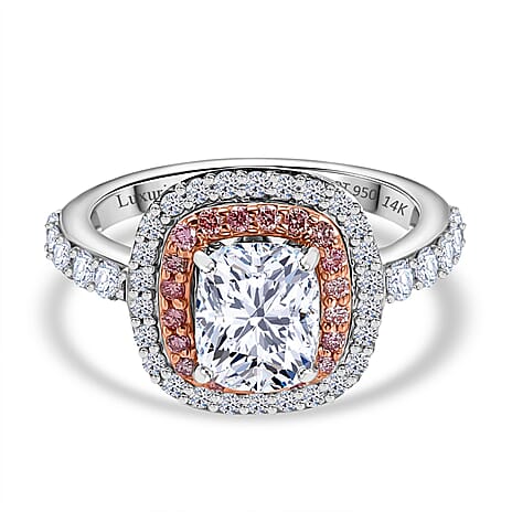 FOTM - Luxuriant Diamond - IGI Certified 950 Platinum and 14K Rose Gold (2 Ct Cushion Solitiare) (VS-EF) Lab Grown Pink Diamond Ring 3.00 Ct.