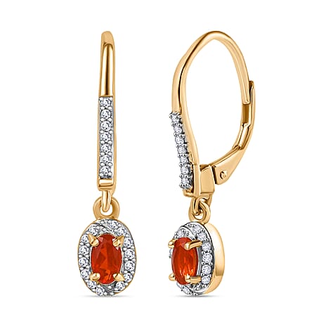 Natural Crimson Fire Opal & White Zircon Wave Crest Dangling Earring with Push Back in 18K Vermeil Yellow Gold Plated Sterling Silver 1.23 Ct.