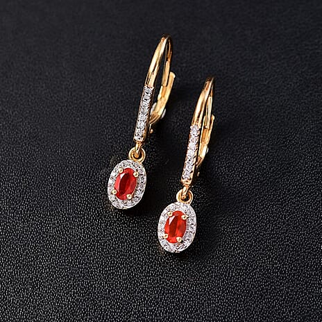 Natural Crimson Fire Opal & White Zircon Wave Crest Dangling Earring with Push Back in 18K Vermeil Yellow Gold Plated Sterling Silver 1.23 Ct.