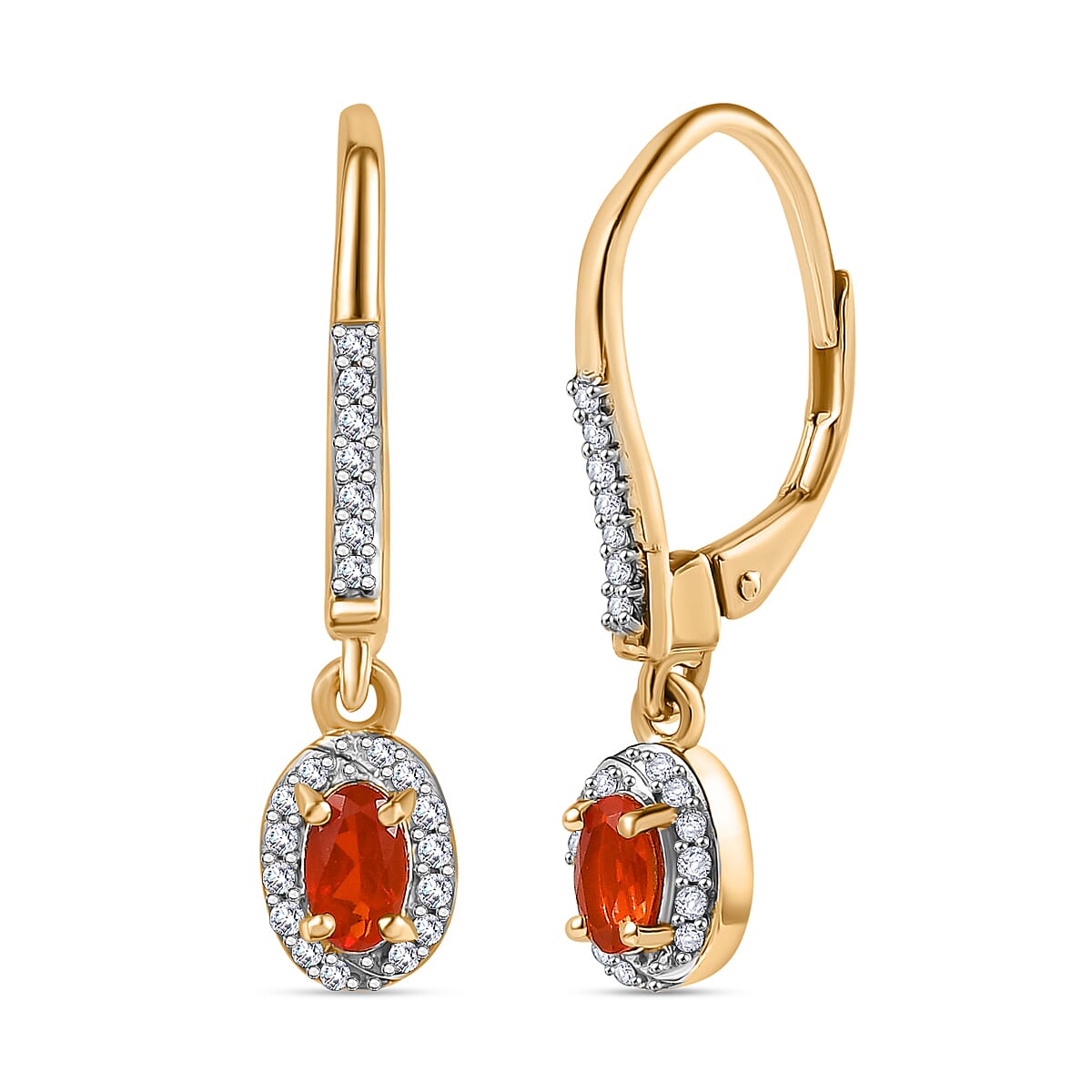 Natural Crimson Fire Opal & White Zircon Wave Crest Dangling Earring with Lever Back in 18K Vermeil Yellow Gold Plated Sterling Silver 1.23 Ct. Natural Crimson Fire Opal & White Zircon Wave Crest Dangling Earring with Lever Back in 18K Vermeil Yellow Gold Plated Sterling Silver 1.23 Ct.