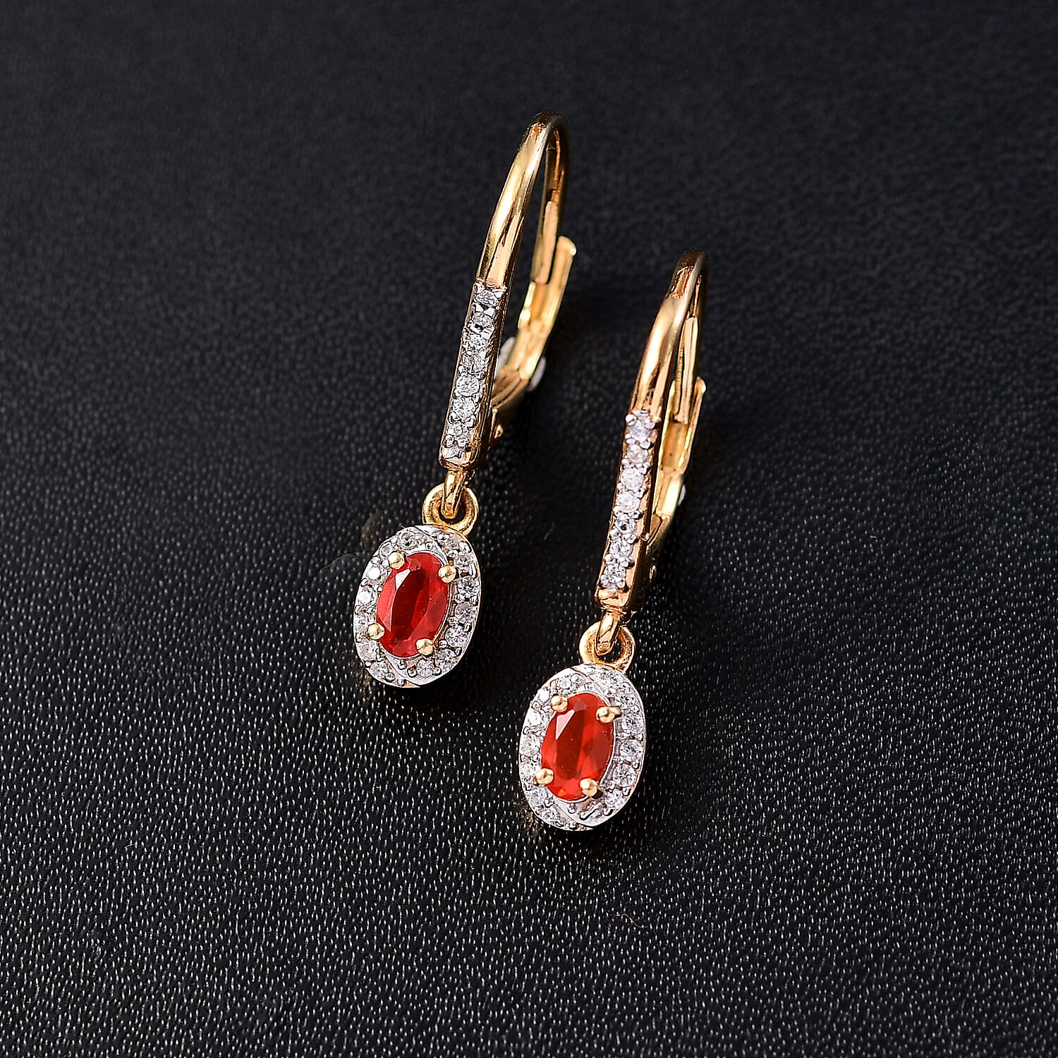 Natural Crimson Fire Opal & White Zircon Wave Crest Dangling Earring with Lever Back in 18K Vermeil Yellow Gold Plated Sterling Silver 1.23 Ct. Natural Crimson Fire Opal & White Zircon Wave Crest Dangling Earring with Lever Back in 18K Vermeil Yellow Gold Plated Sterling Silver 1.23 Ct.