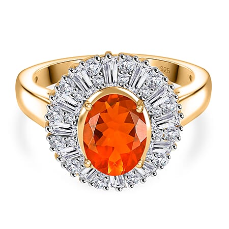 Natural Crimson Fire Opal & Moissanite Sunburst Ring in 18K Vermeil Yellow Gold Plated Sterling Silver 1.61 Ct.