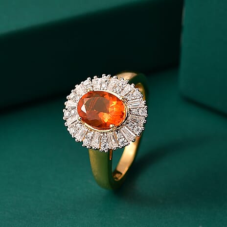Natural Crimson Fire Opal & Moissanite Sunburst Ring in 18K Vermeil Yellow Gold Overlay Sterling Silver 1.61 Ct.