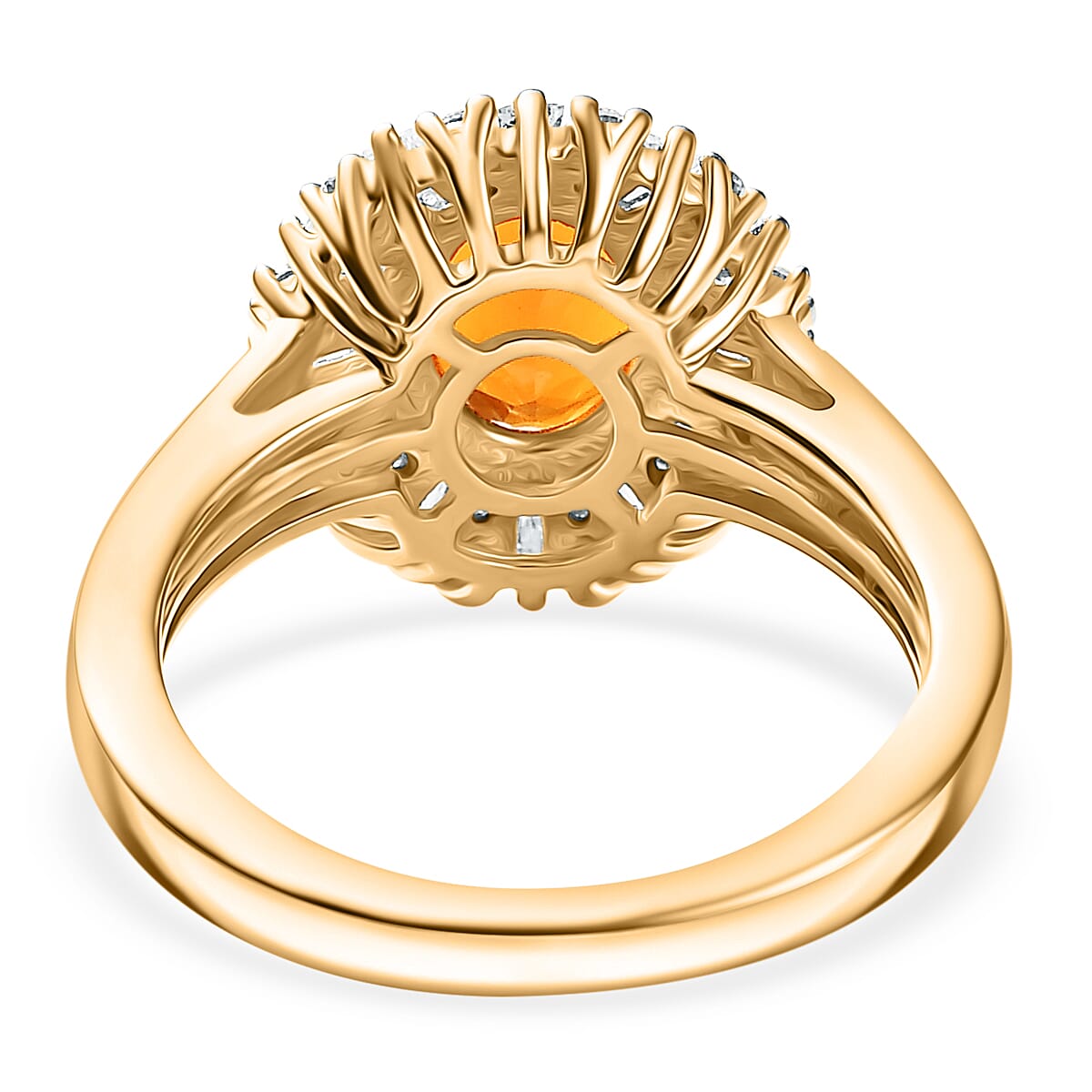 Natural Crimson Fire Opal & Moissanite Sunburst Ring in 18K Vermeil Yellow Gold Plated Sterling Silver 1.61 Ct. Natural Crimson Fire Opal & Moissanite Sunburst Ring in 18K Vermeil Yellow Gold Plated Sterling Silver 1.61 Ct.