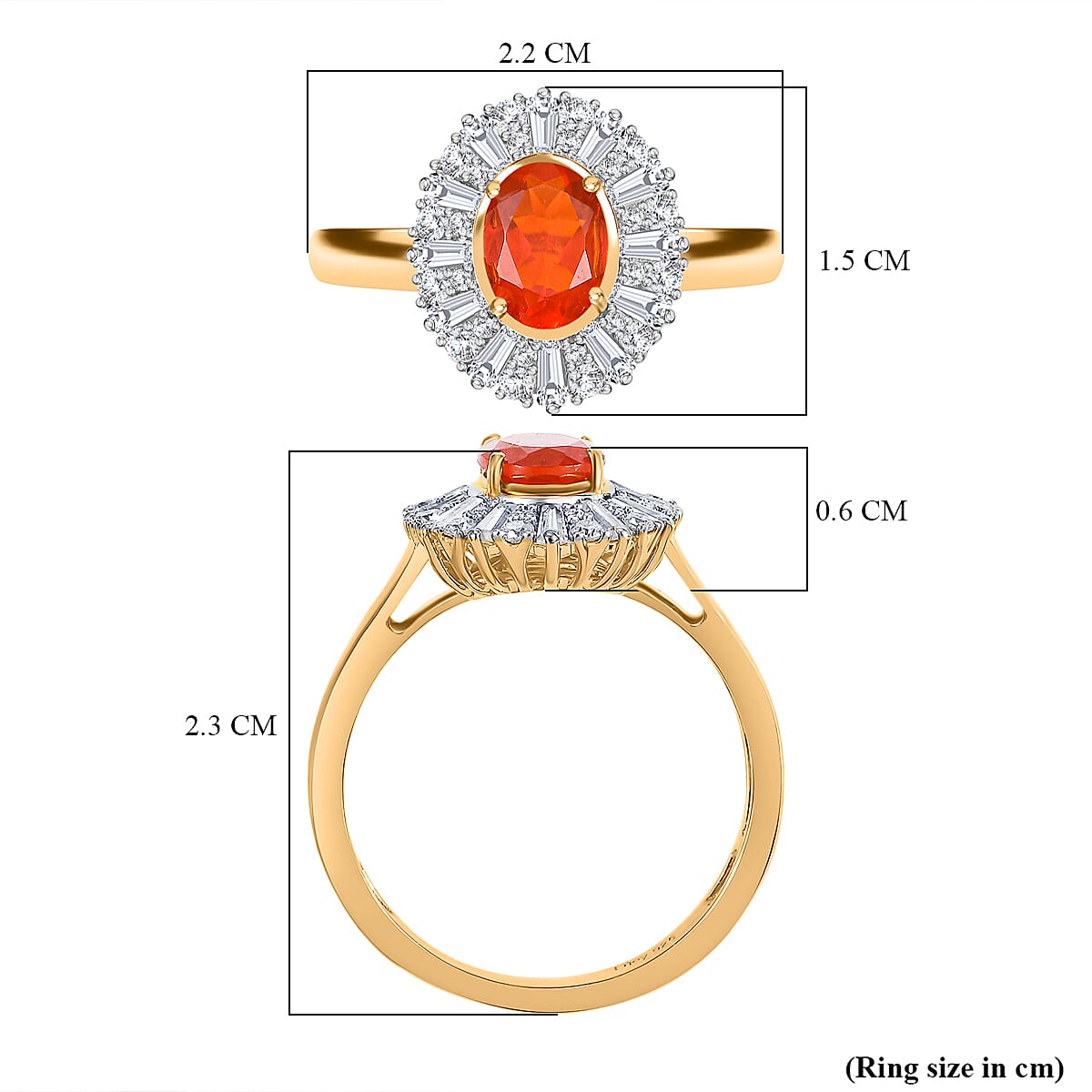 Natural Crimson Fire Opal & Moissanite Sunburst Ring in 18K Vermeil Yellow Gold Plated Sterling Silver 1.61 Ct. Natural Crimson Fire Opal & Moissanite Sunburst Ring in 18K Vermeil Yellow Gold Plated Sterling Silver 1.61 Ct.