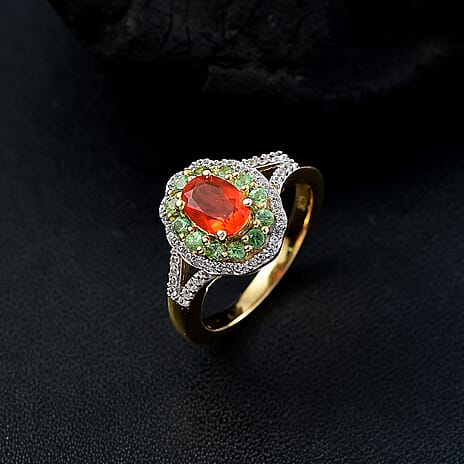 Natural Crimson Fire Opal, Tsavorite Garnet & White Zircon Bloom Ring in 18K Vermeil Yellow Gold Overlay Sterling Silver 1.20 Ct.