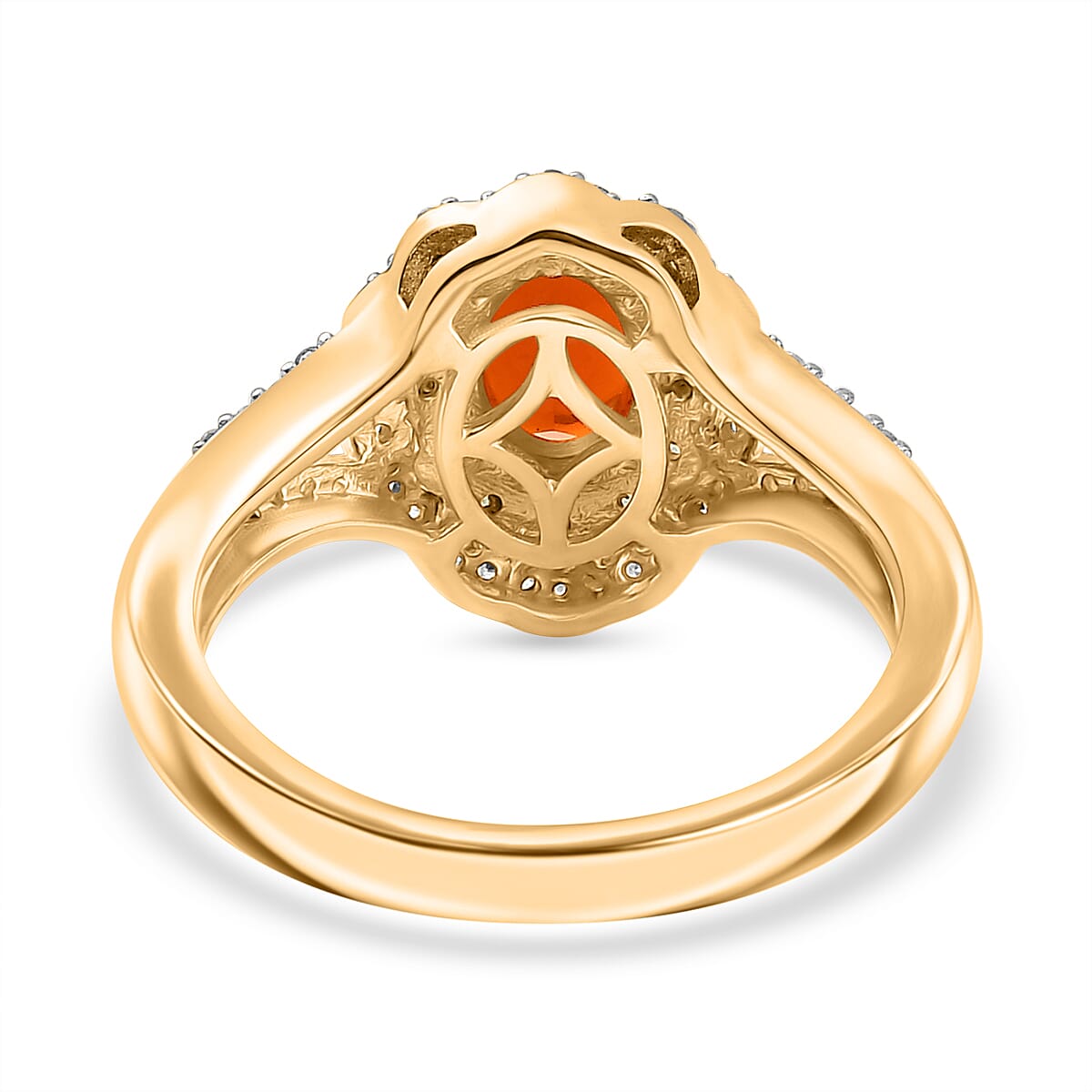Natural Crimson Fire Opal, Tsavorite Garnet & White Zircon Acroclinium Bloom Ring in 18K Vermeil Yellow Gold Plated Sterling Silver 1.20 Ct. Natural Crimson Fire Opal, Tsavorite Garnet & White Zircon Acroclinium Bloom Ring in 18K Vermeil Yellow Gold Plated Sterling Silver 1.20 Ct.