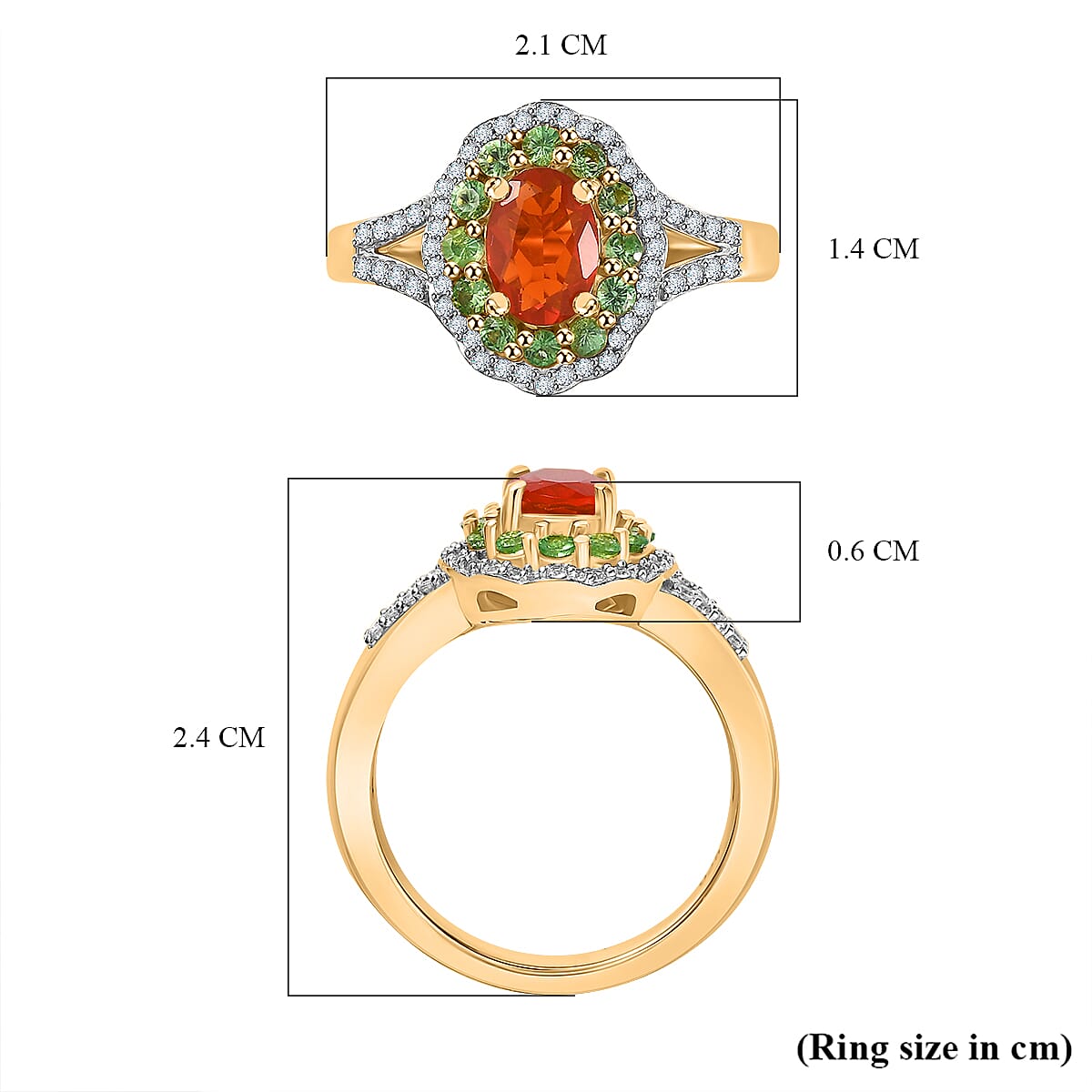 Natural Crimson Fire Opal, Tsavorite Garnet & White Zircon Acroclinium Bloom Ring in 18K Vermeil Yellow Gold Plated Sterling Silver 1.20 Ct. Natural Crimson Fire Opal, Tsavorite Garnet & White Zircon Acroclinium Bloom Ring in 18K Vermeil Yellow Gold Plated Sterling Silver 1.20 Ct.