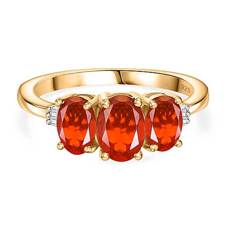 Natural AAA Crimson Fire Opal & White Diamond Classic Grace Trilogy Ring in 18K Vermeil Yellow Gold Plated Sterling Silver 1.23 Ct.