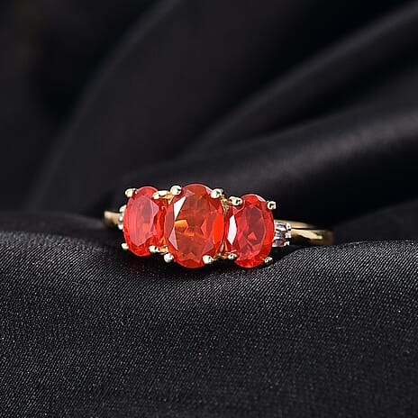 Natural AAA Crimson Fire Opal & White Diamond Classic Grace Trilogy Ring in 18K Vermeil Yellow Gold Plated Sterling Silver 1.23 Ct.