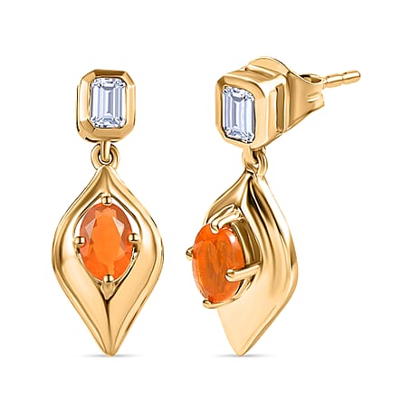 Natural Crimson Fire Opal & White Zircon Graceful Curve Dangling Push Back Earring in 18K Vermeil Yellow Gold Plated Sterling Silver 1.27 Ct.
