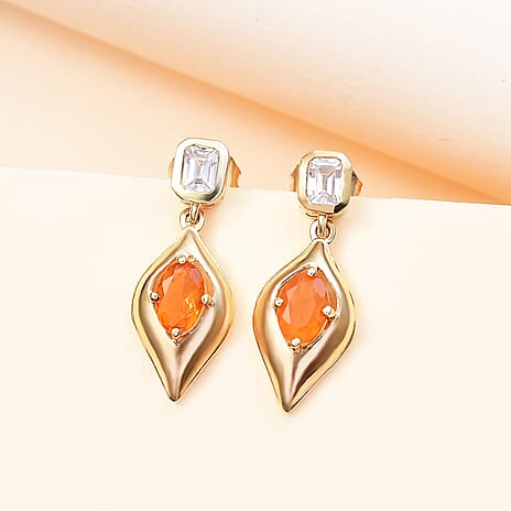 Natural Crimson Fire Opal & White Zircon Graceful Curve Dangling Push Back Earring in 18K Vermeil Yellow Gold Plated Sterling Silver 1.27 Ct.