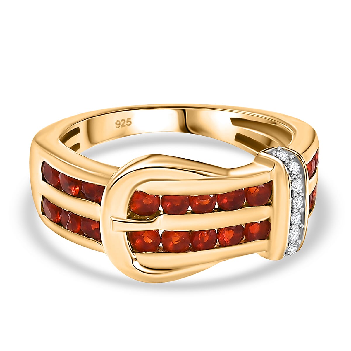 Natural Crimson Fire Opal & White Zircon Classic Belt Buckle Ring in 18K Vermeil Yellow Gold Plated Sterling Silver
