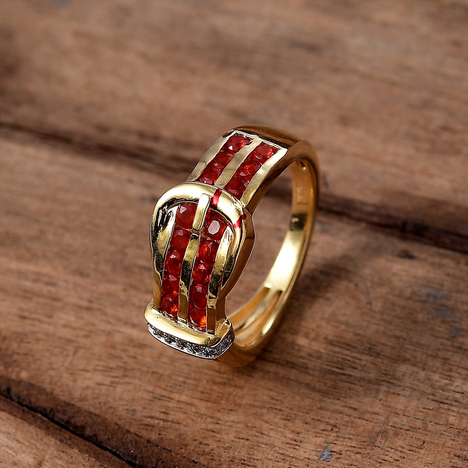 Natural Crimson Fire Opal & White Zircon Classic Belt Buckle Ring in 18K Vermeil Yellow Gold Plated Sterling Silver