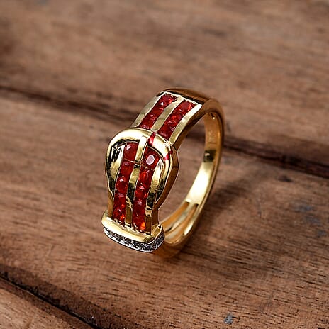 Natural Crimson Fire Opal & White Zircon Classic Belt Buckle Ring in 18K Vermeil Yellow Gold Plated Sterling Silver