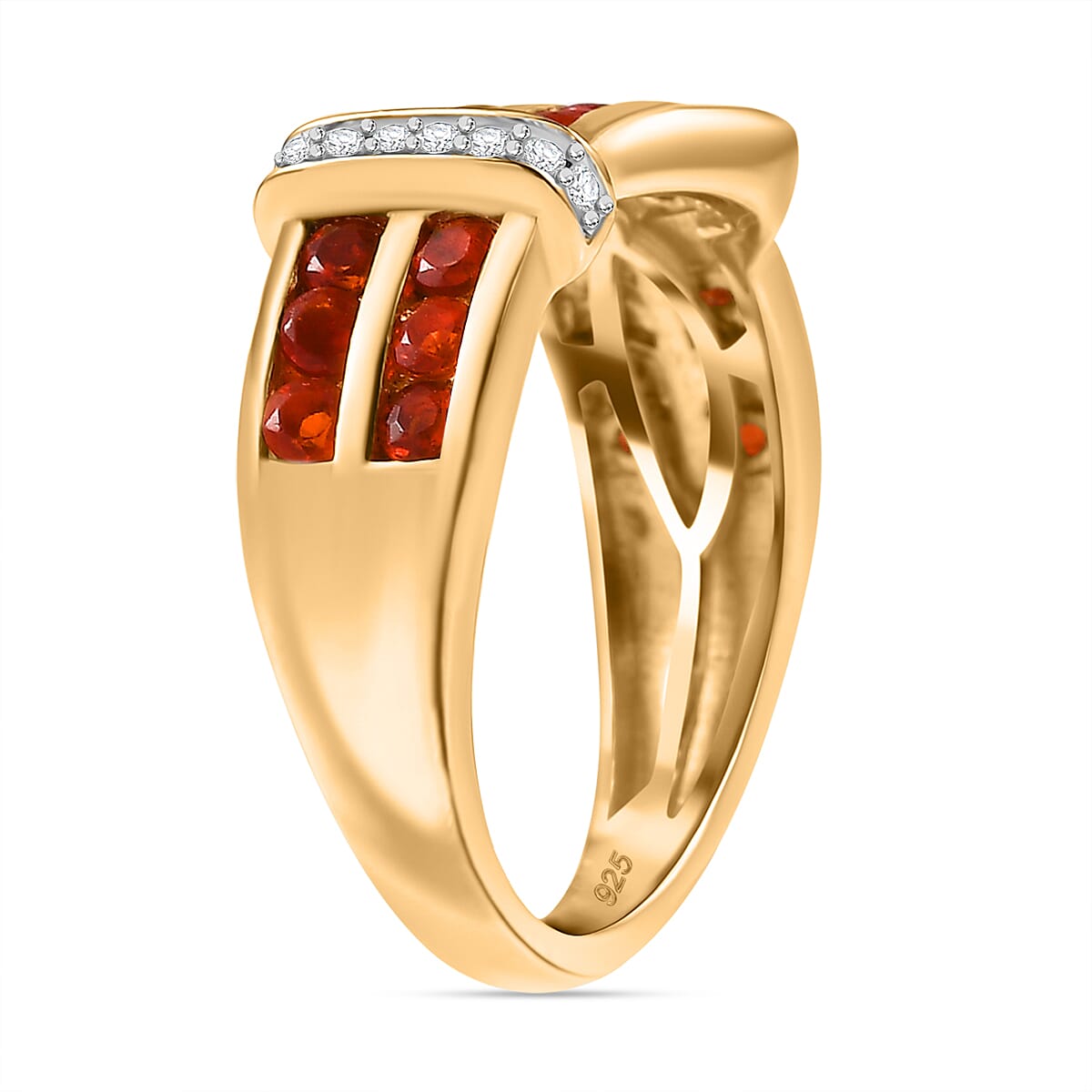 Natural Crimson Fire Opal & White Zircon Classic Belt Buckle Ring in 18K Vermeil Yellow Gold Plated Sterling Silver