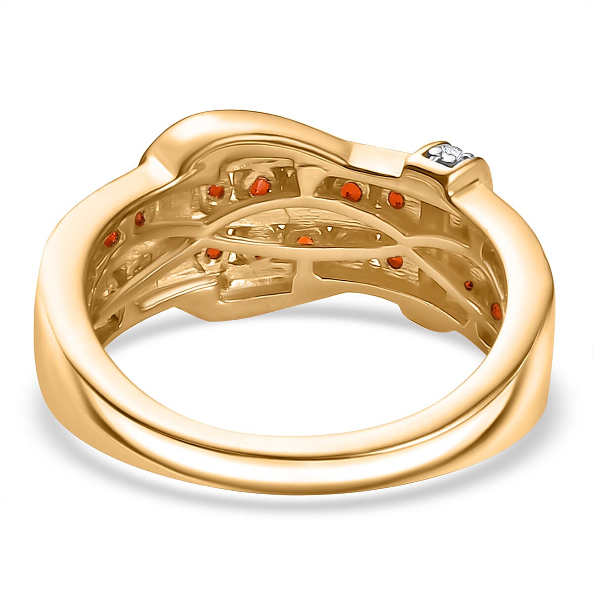 Natural Crimson Fire Opal & White Zircon Classic Belt Buckle Ring in 18K Vermeil Yellow Gold Plated Sterling Silver