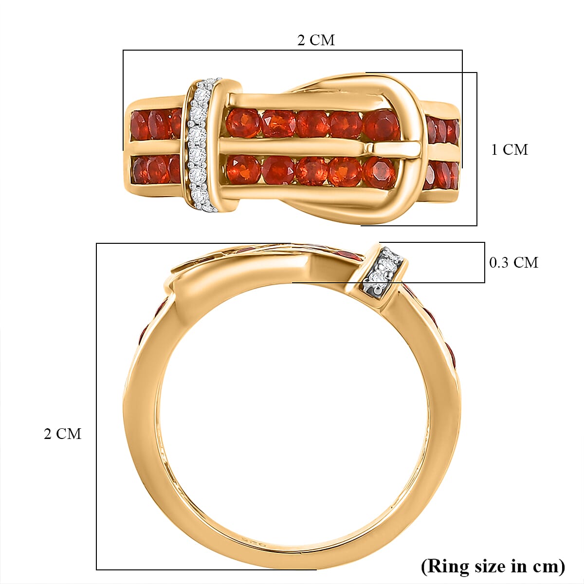 Natural Crimson Fire Opal & White Zircon Classic Belt Buckle Ring in 18K Vermeil Yellow Gold Plated Sterling Silver